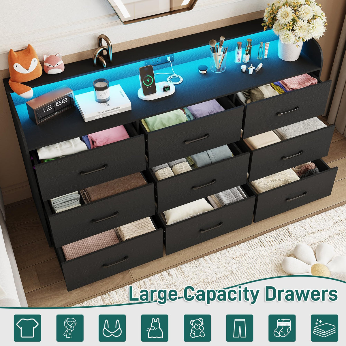Black 9 Drawer Wood Dresser with Power Outlet and LED Lights N22577