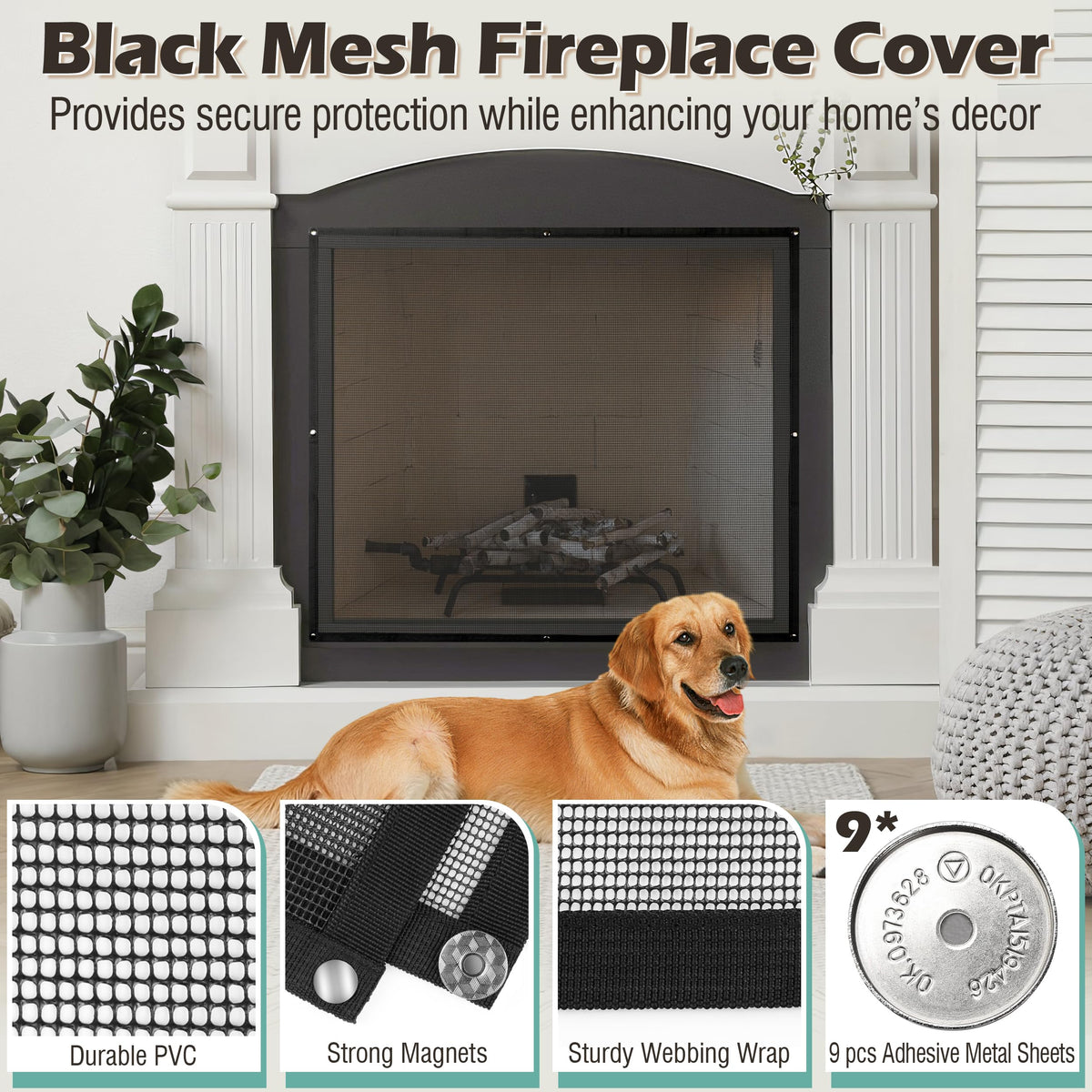 Black Magnetic Mesh Fireplace Cover V968