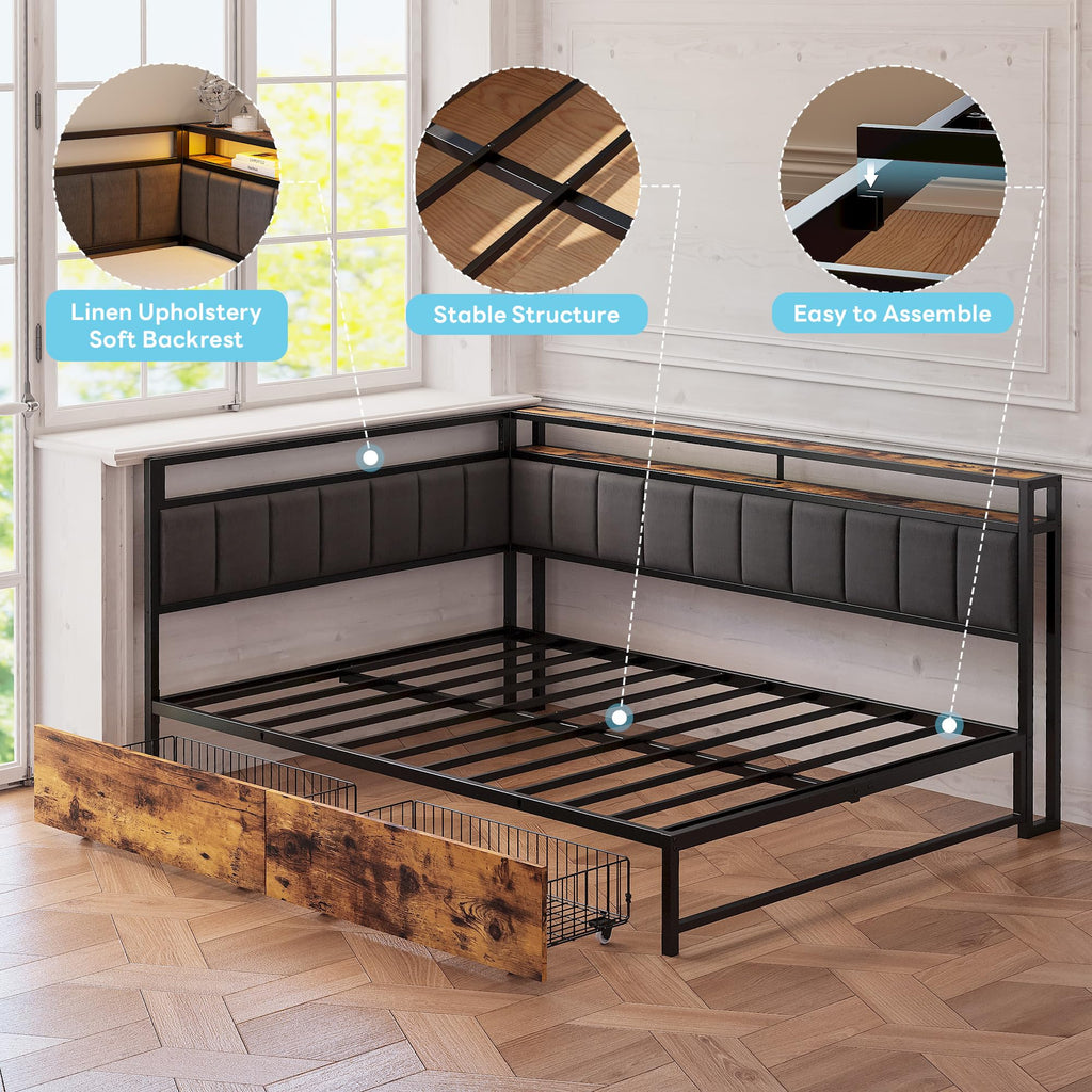 Full Corner Bed Frame with Storage Drawers, LED, Charging, Black Z68072