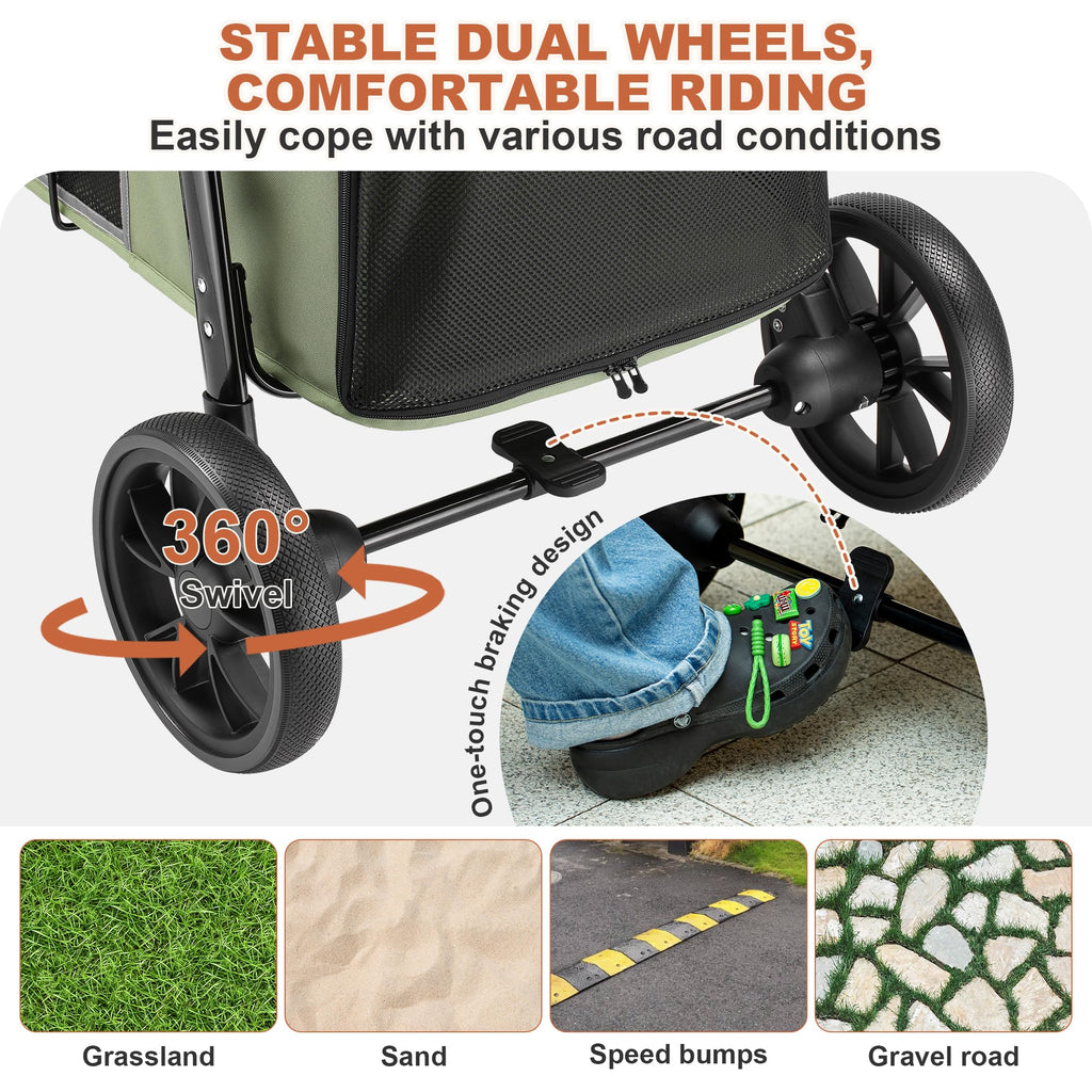 Medium Dog Stroller, One-Touch Folding, 360° Rotating Front Wheels, 80 lbs Weight Capacity, Green M20561