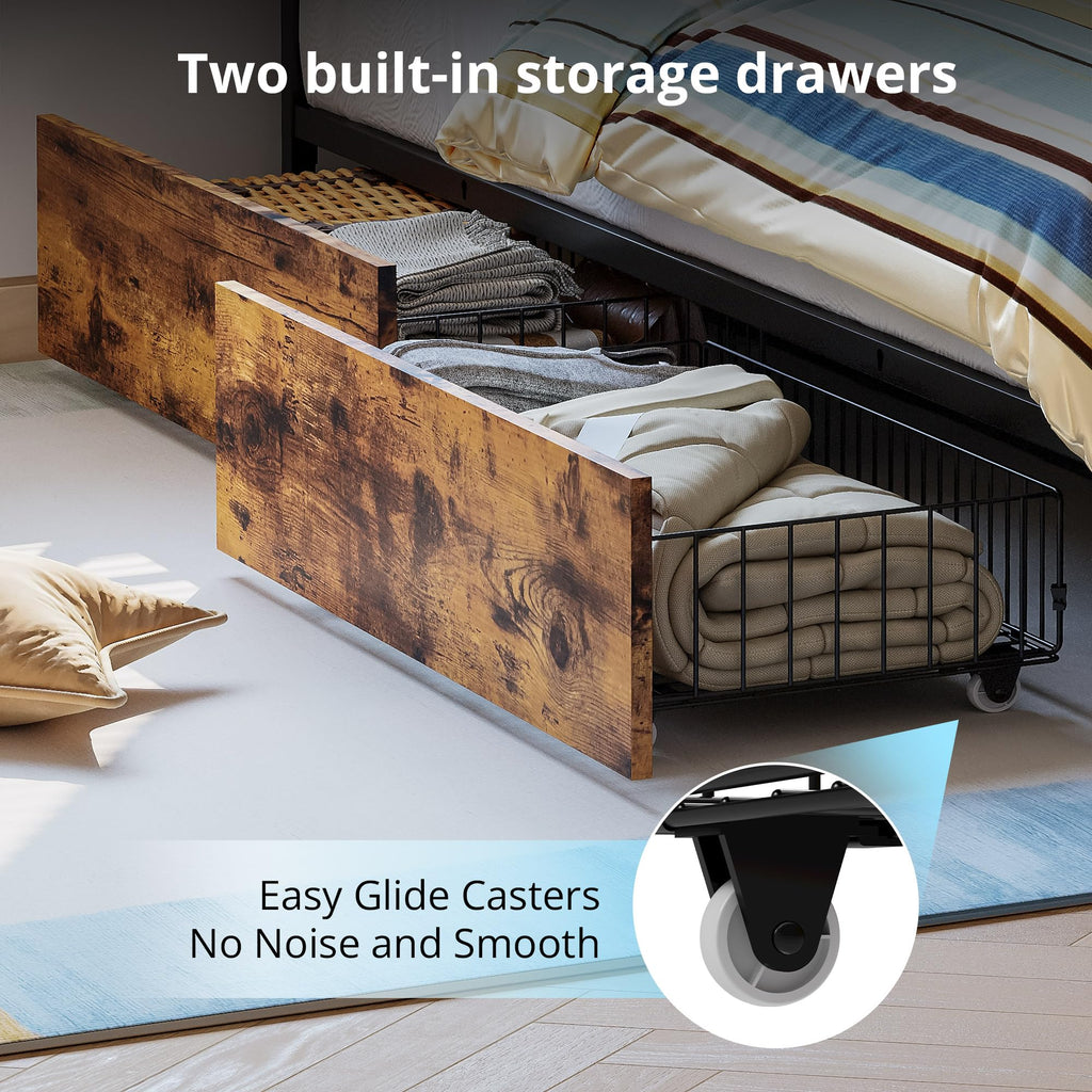 Full Corner Bed Frame with Storage Drawers, LED, Charging, Black Z68072