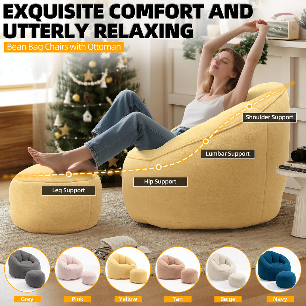 Yellow 3.4 FT Bean Bag Chair with Ottoman V3247