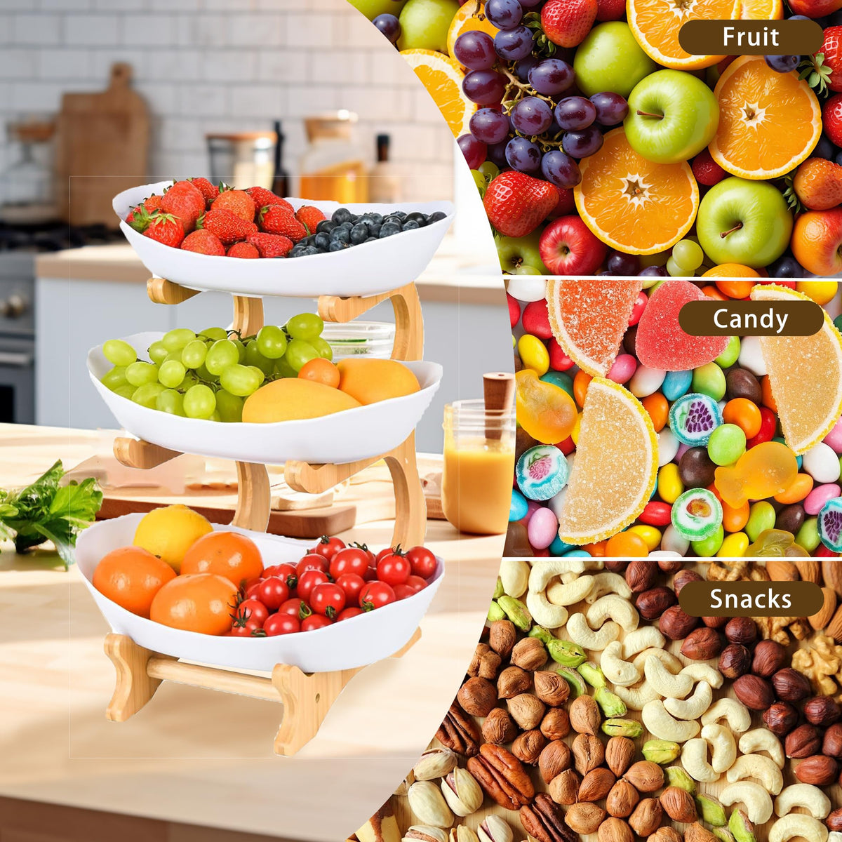 3 Tier Plastic Fruit Bowl with Bamboo Stand F1846