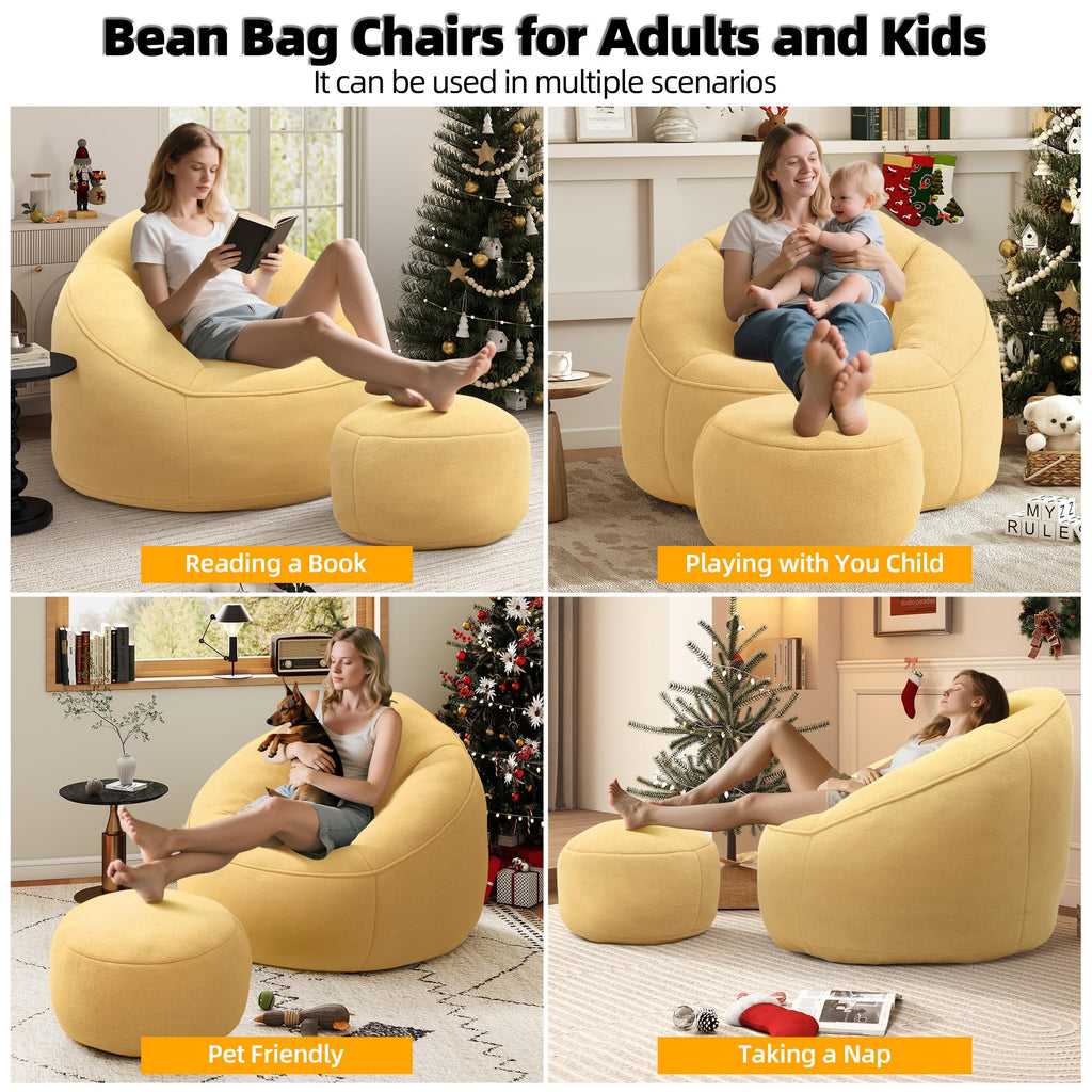 Yellow 3.4 FT Bean Bag Chair with Ottoman V3247