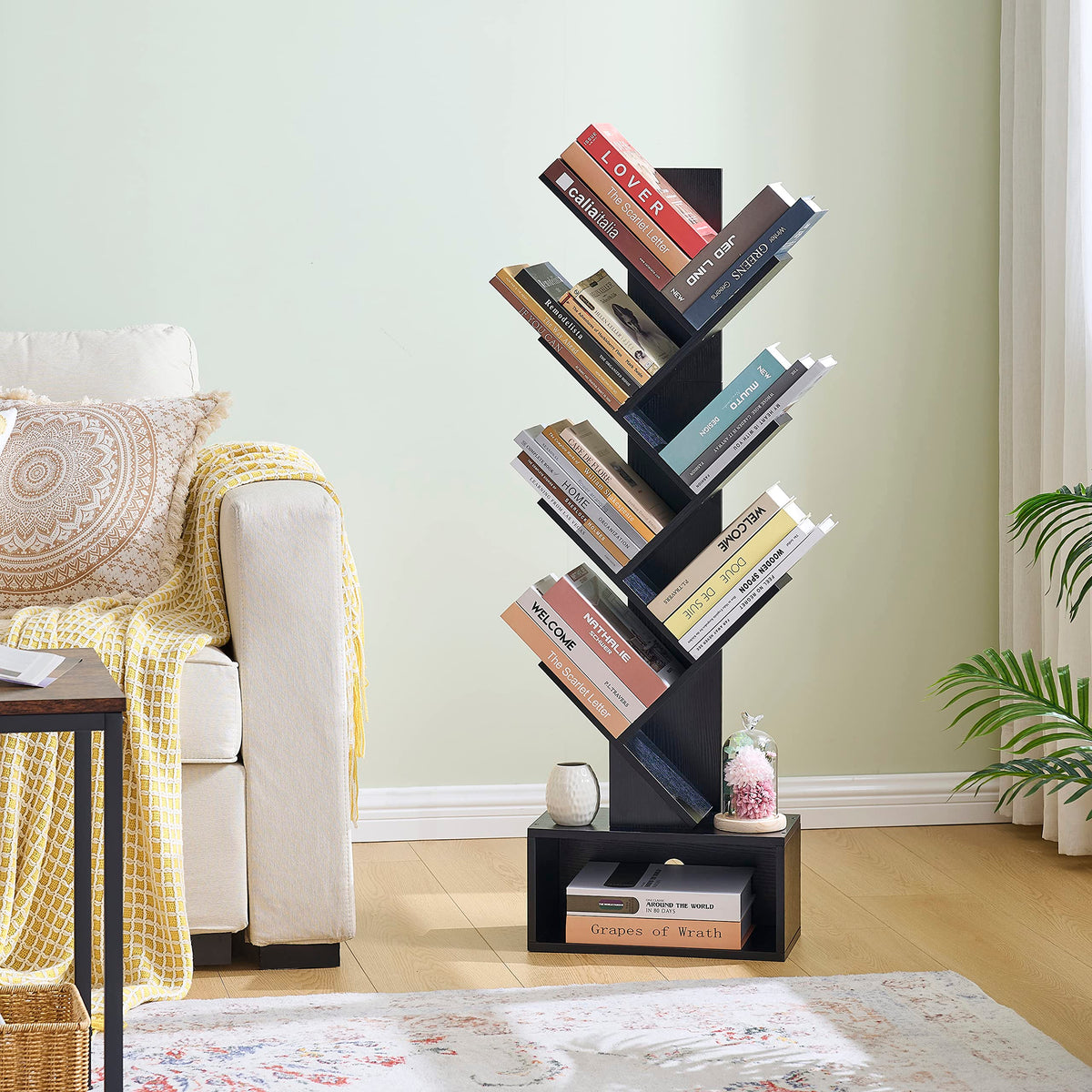 Black 6 Tier Wood Tree Bookshelf with Drawer W246